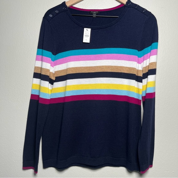 NEW‎ Talbots Women Sweater Large Petite Navy Blue Stripe Multicolor Nautical - Picture 3 of 13